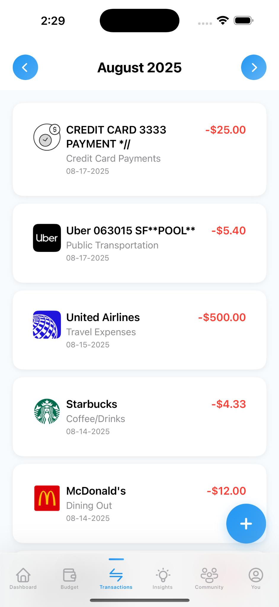 Transactions list